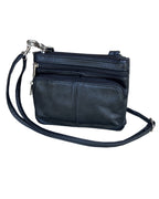 Small black cowhide leather 3099 Small Horizontal Crossbody Bag by Roma Leathers, Inc. with two front zippered pockets and an adjustable shoulder strap.