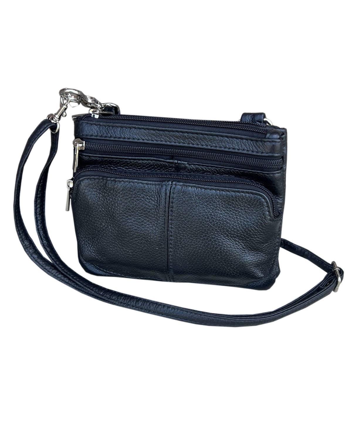Small black cowhide leather 3099 Small Horizontal Crossbody Bag by Roma Leathers, Inc. with two front zippered pockets and an adjustable shoulder strap.