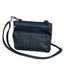 Small black cowhide leather 3099 Small Horizontal Crossbody Bag by Roma Leathers, Inc. with two front zippered pockets and an adjustable shoulder strap.