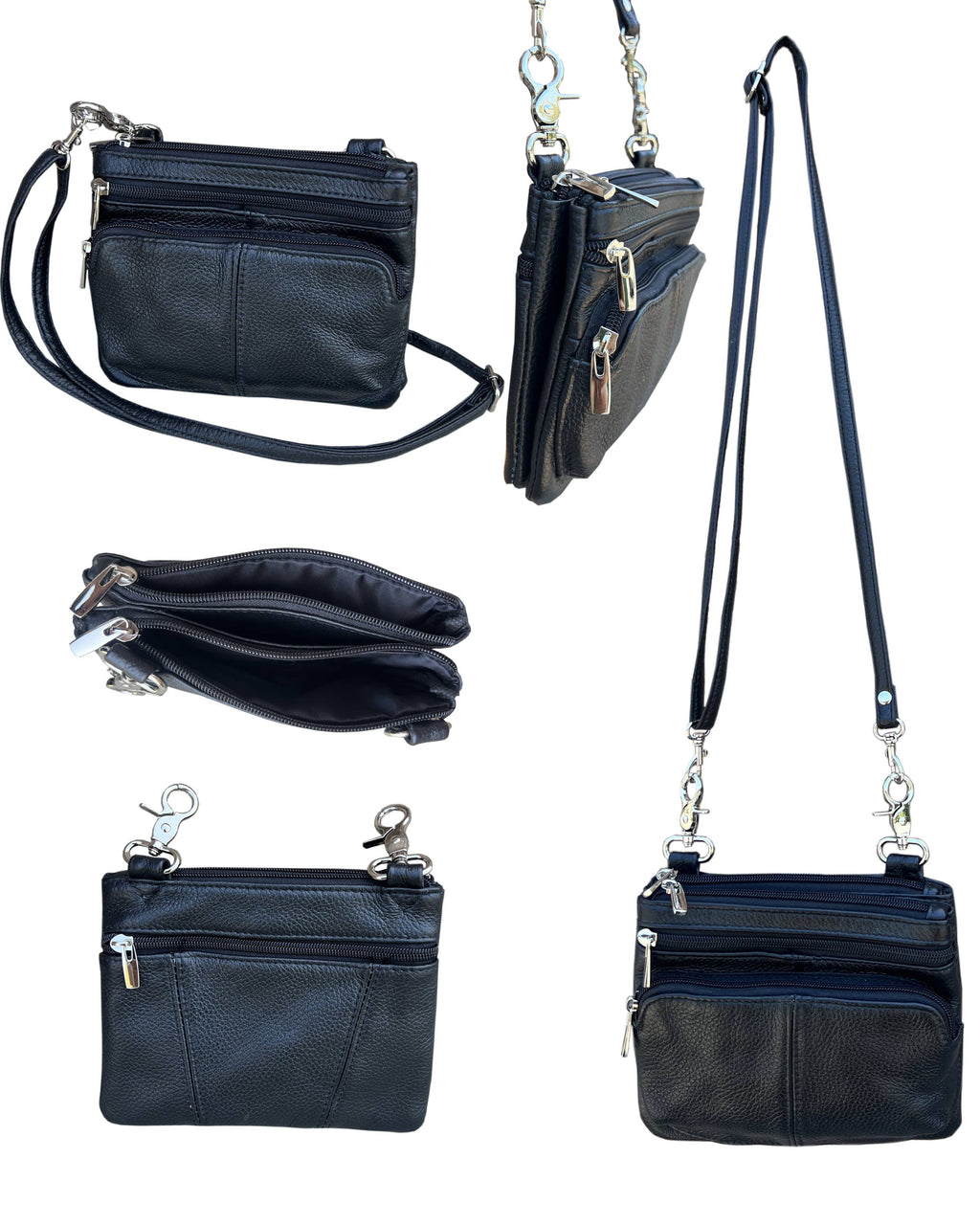 Multiple views of the Faire 3099 Small Horizontal Crossbody Bag, a small, rectangular cowhide leather bag with three zippered compartments and a detachable shoulder strap.