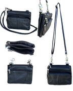 Multiple views of the Faire 3099 Small Horizontal Crossbody Bag, a small, rectangular cowhide leather bag with three zippered compartments and a detachable shoulder strap.