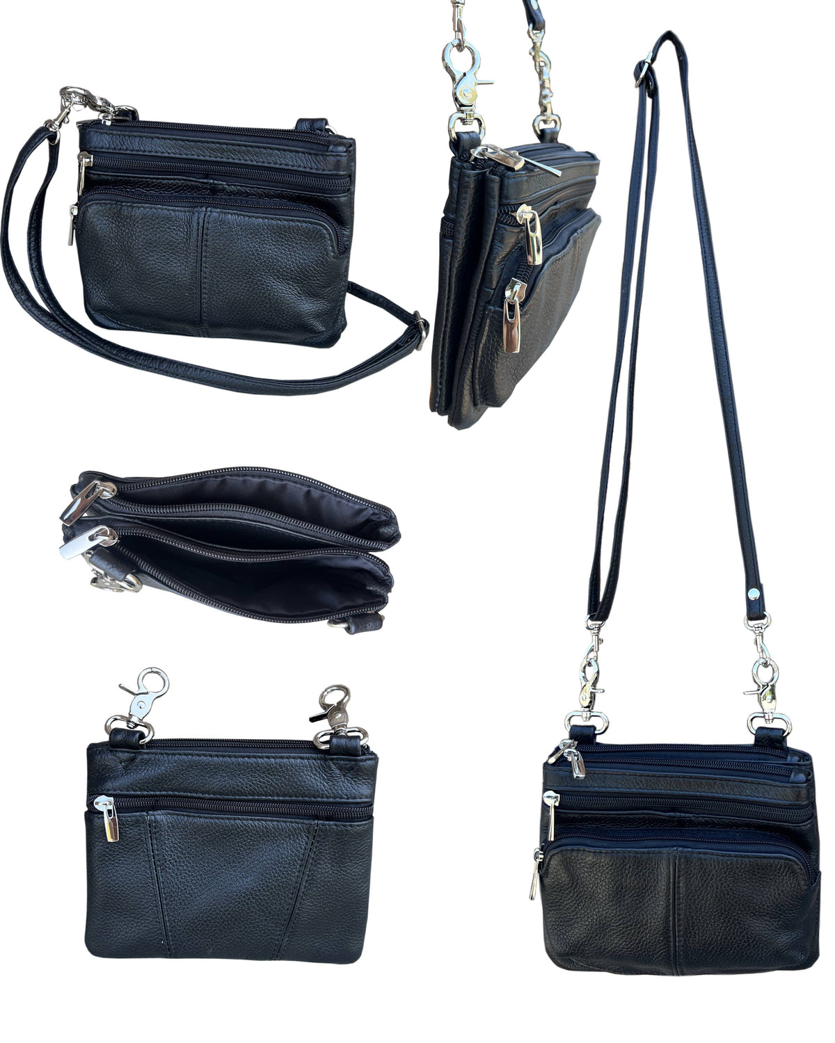 Multiple views of the Faire 3099 Small Horizontal Crossbody Bag, a small, rectangular cowhide leather bag with three zippered compartments and a detachable shoulder strap.