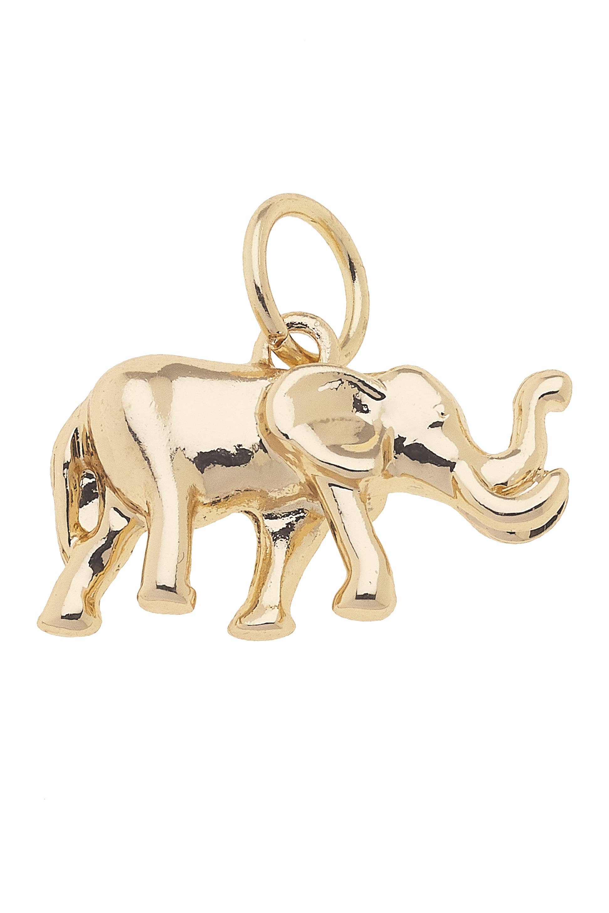 The Elephant Charm in Shiny Gold by Canvas Style features a raised trunk, a shiny gold finish, and a convenient loop for attaching to your favorite necklace or bracelet—a charming piece of elephant jewelry. Main image