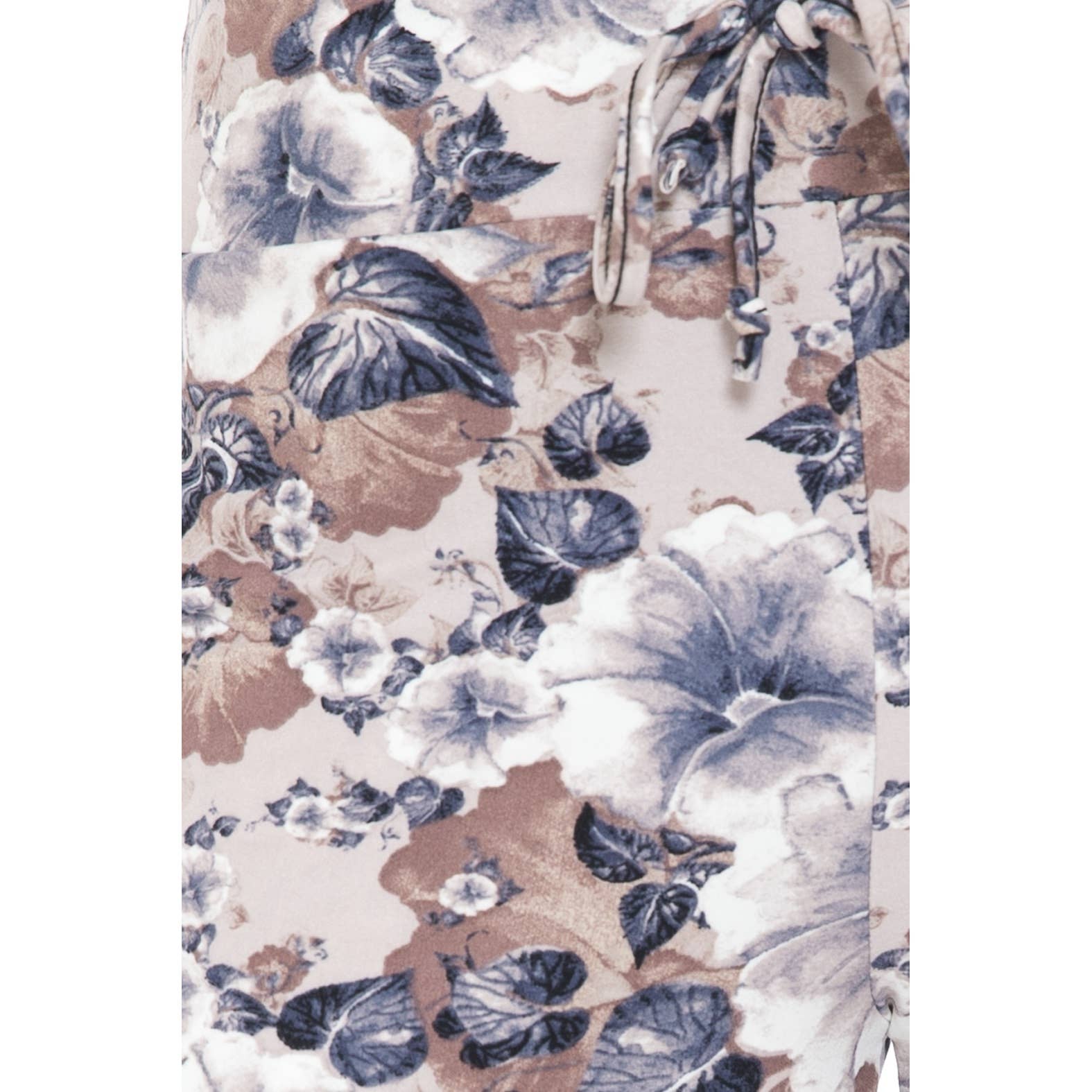 Close-up of Leggings Depot Buttery Soft Print Pajama Pants featuring a blue, brown, and beige floral pattern with large flowers, leaves, a tied drawstring, and an elastic waistband for comfort.