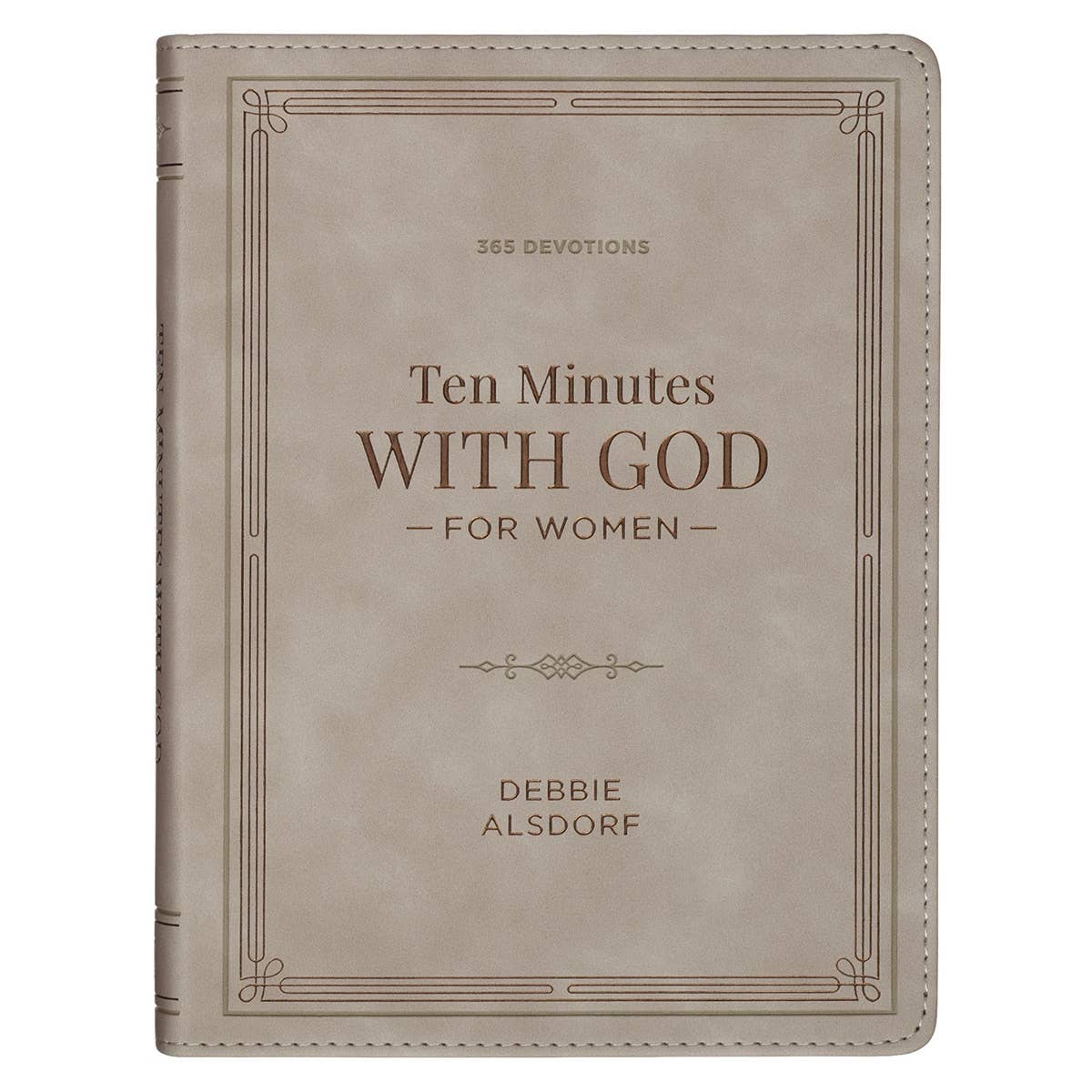 The Devotional 10 Minutes with God for Women Faux Leather by Christian Art Gifts is shown with a taupe stitched cover and decorative border, making it a beautiful daily devotional for women seeking daily inspiration.