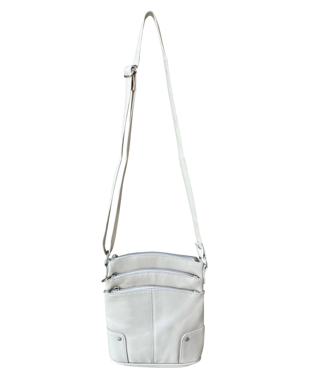 The Roma Leathers, Inc. Cowhide leather crossbody is a small, light gray bag featuring three zippered pockets and an adjustable shoulder strap, shown against a white background.