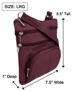 Roma Leathers, Inc. Cowhide Leather Crossbody with phone pocket on back, size LRG; features four zippered compartments, an adjustable shoulder strap, and measures 9.5”H x 7.5”W x 1”D.