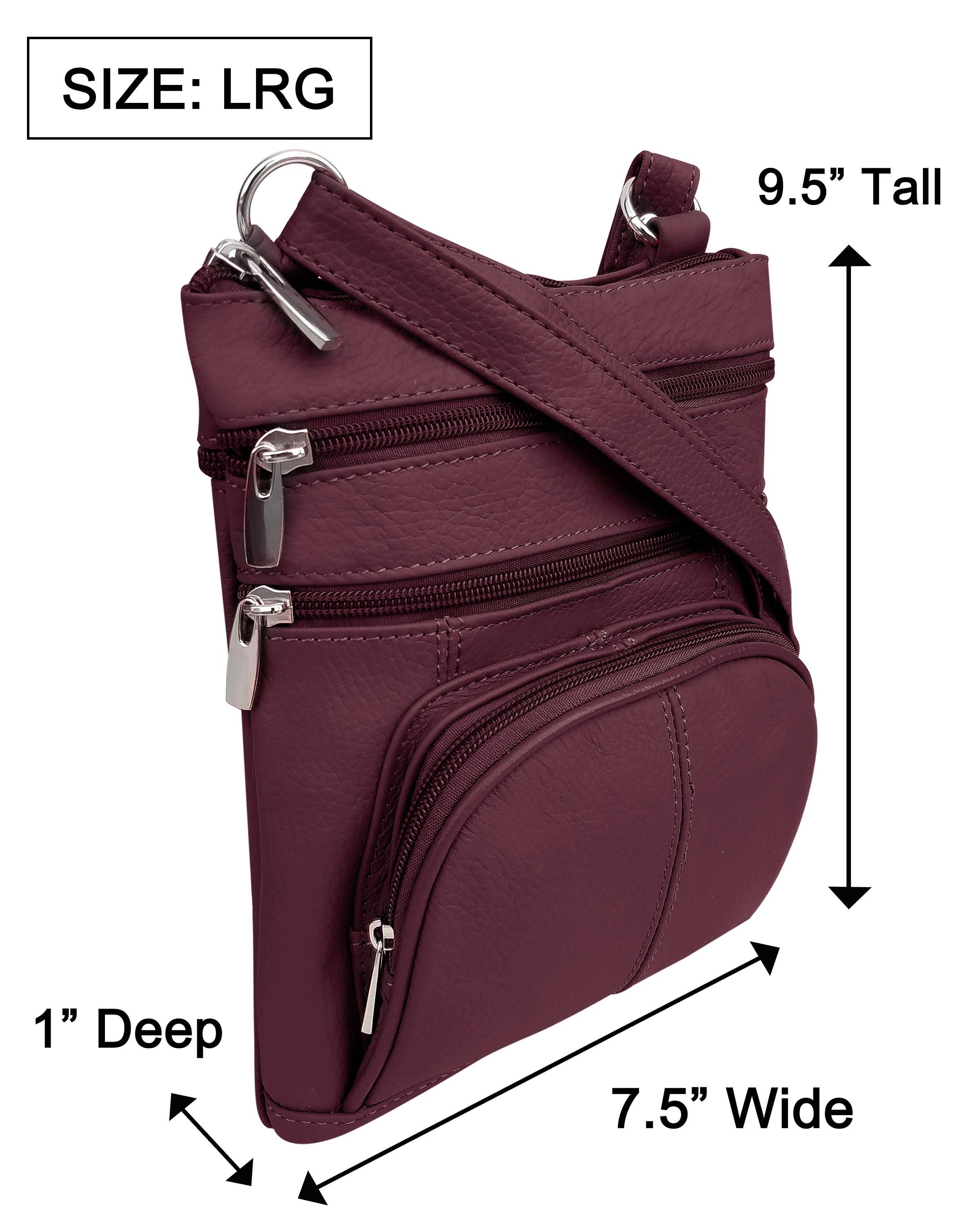Roma Leathers, Inc. Cowhide Leather Crossbody with phone pocket on back, size LRG; features four zippered compartments, an adjustable shoulder strap, and measures 9.5”H x 7.5”W x 1”D.