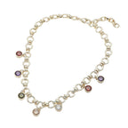The Sensibling Corp. 14K Gold Plated Colorful Round CZ Charm Station Chunky Chain Necklace features round links and eight vibrantly colored cubic zirconia charms evenly spaced along the chain, making this elegant necklace the perfect accessory to add a touch of brilliance to any outfit.