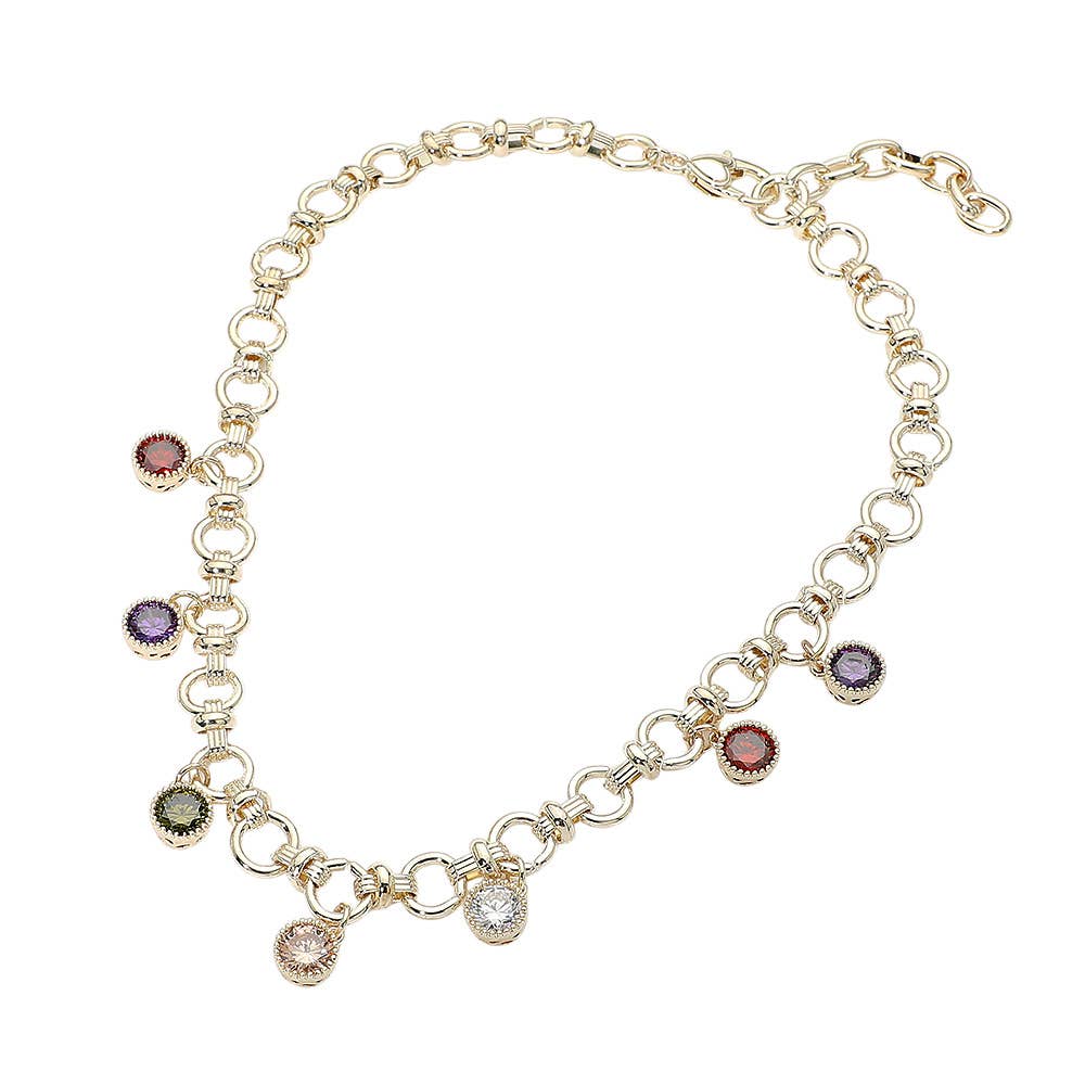 The Sensibling Corp. 14K Gold Plated Colorful Round CZ Charm Station Chunky Chain Necklace features round links and eight vibrantly colored cubic zirconia charms evenly spaced along the chain, making this elegant necklace the perfect accessory to add a touch of brilliance to any outfit.