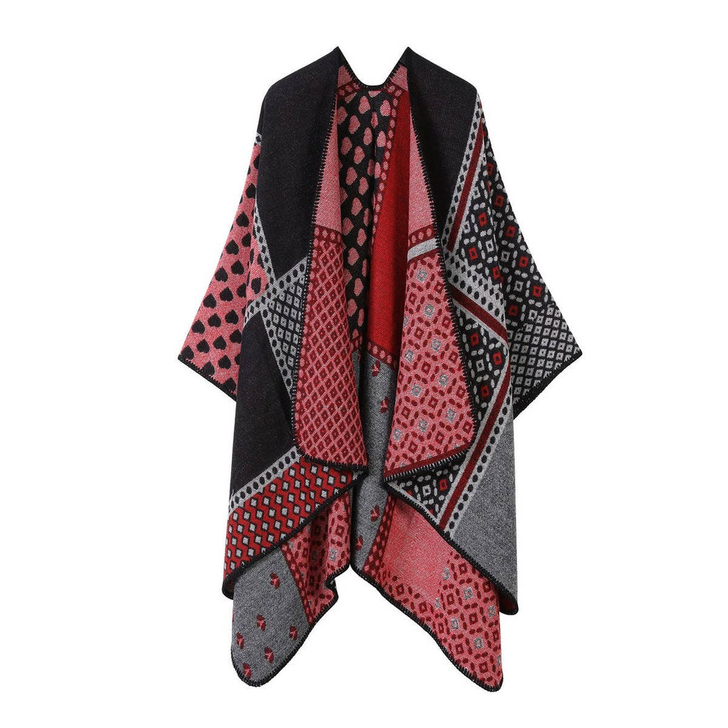 The ACCITY SHAWL SCARF FAUX CASHMERE SLIT CAPE showcases a vibrant array of geometric and abstract patterns in black, red, and gray tones against a white backdrop, designed in the style of a blanket scarf for enhanced warmth and versatile wear.