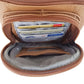 A close-up of the Roma Leathers, Inc. cowhide leather crossbody with phone pocket, featuring organized card slots holding several credit and bank cards.