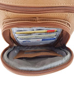 The Roma Leathers, Inc. Cowhide Leather Crossbody with phone pocket is open, displaying several cards in card slots—including a gold check card and credit cards—with an empty lower compartment.