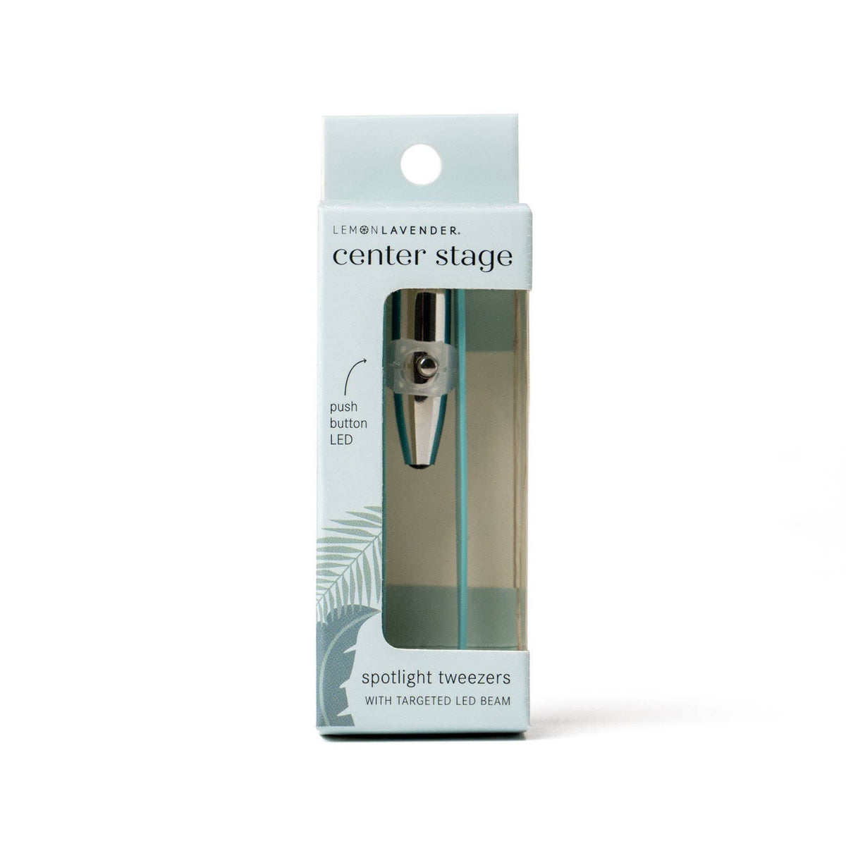 Lemon Lavender Light Up Tweezer with a built-in LED light inside a retail box labeled “center stage,” offering a precision grip for grooming.