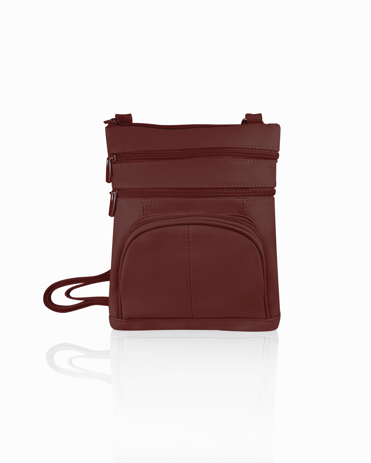 The Roma Leathers, Inc. Cowhide Leather Crossbody with Phone Pocket features rich burgundy leather, two top zippered compartments, a front zip pocket, and an adjustable shoulder strap, shown against a white background.