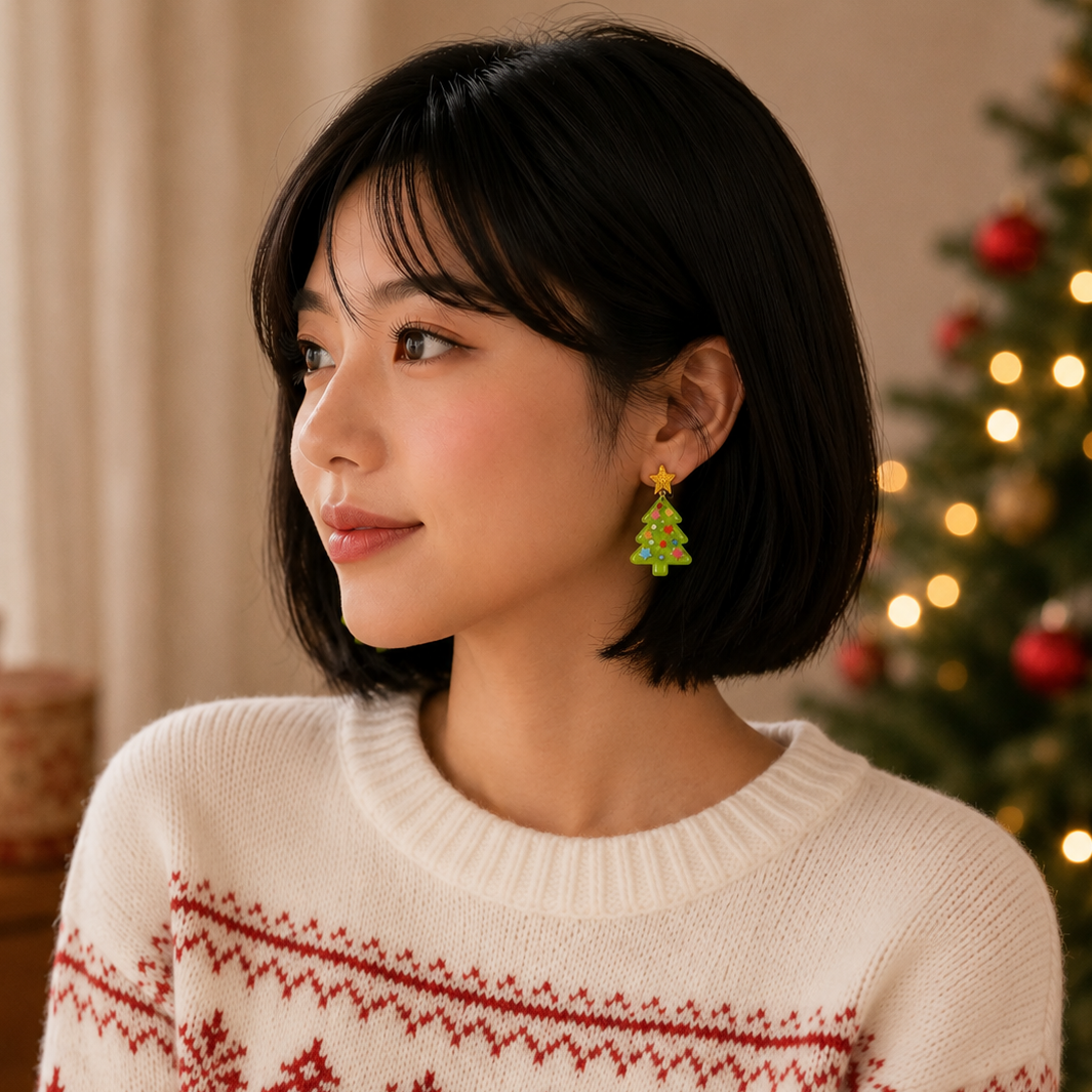 Glittery Christmas Tree Drop Earrings | Holiday Acrylic Earrings Secondary image