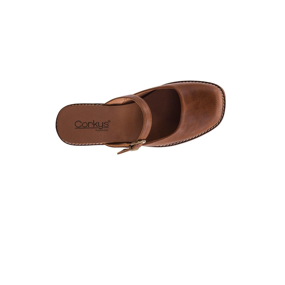 The Me Time Wedge from CORKY’S FOOTWEAR INC is a brown leather mule sandal with a square toe and a single buckle strap, viewed from above. Designed for those seeking comfortable wedge sandals, the insole features the CORKY’S FOOTWEAR logo.