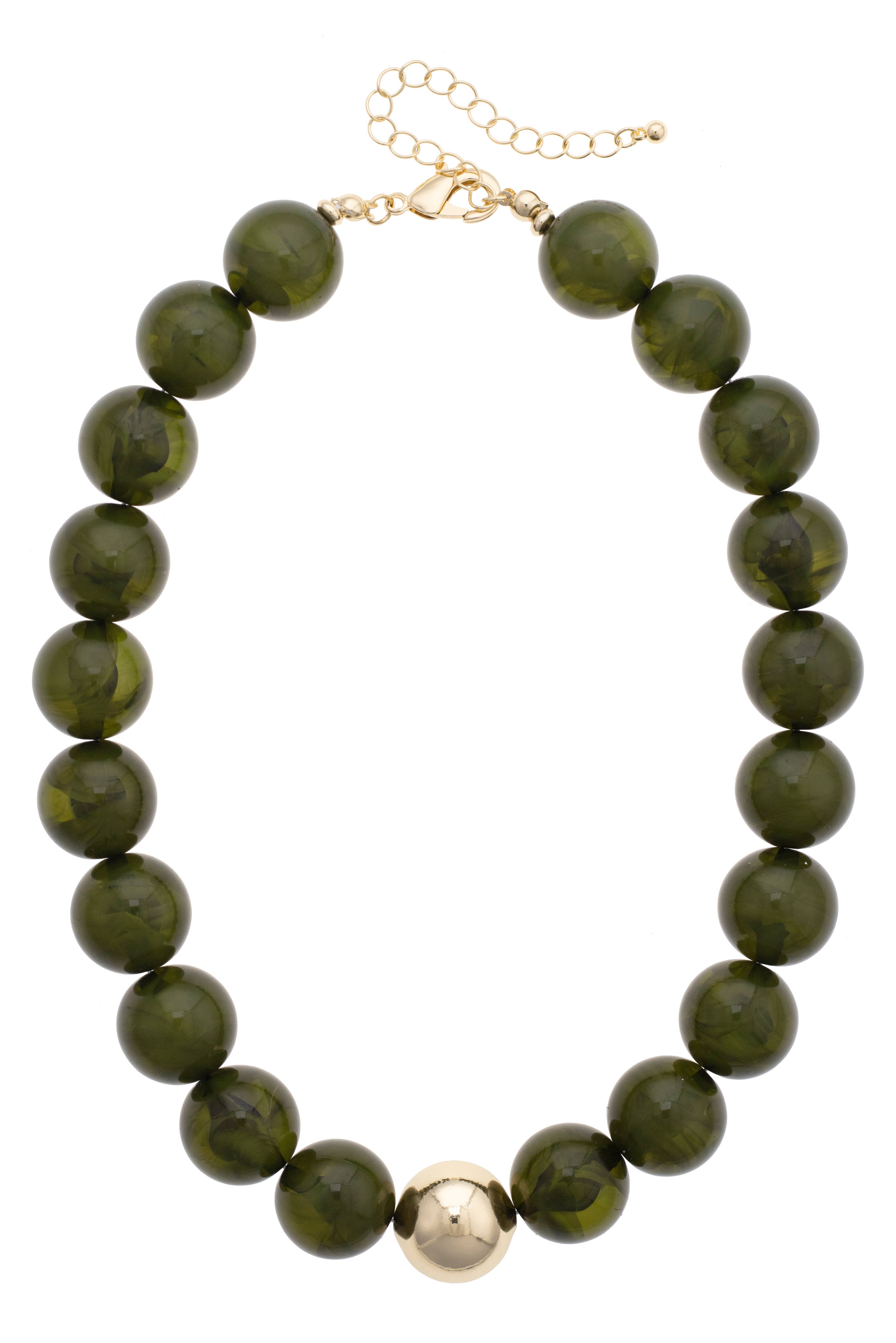 The Marjorie Fall Beaded Necklace by Canvas Style features oversized, round dark green resin beads accented with a single shiny gold bead at the center, finished with a gold clasp and adjustable chain. Main image