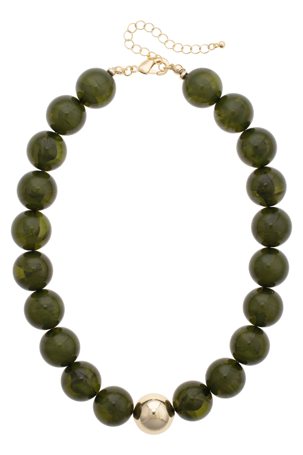 The Marjorie Fall Beaded Necklace by Canvas Style features oversized, round dark green resin beads accented with a single shiny gold bead at the center, finished with a gold clasp and adjustable chain.