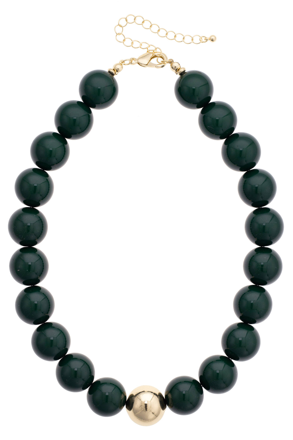 The Marjorie Game Day Beaded Necklace by Canvas Style features oversized, glossy black beads with a bold central gold bead, finished with a gold clasp and adjustable chain—making it the perfect statement necklace for any occasion.