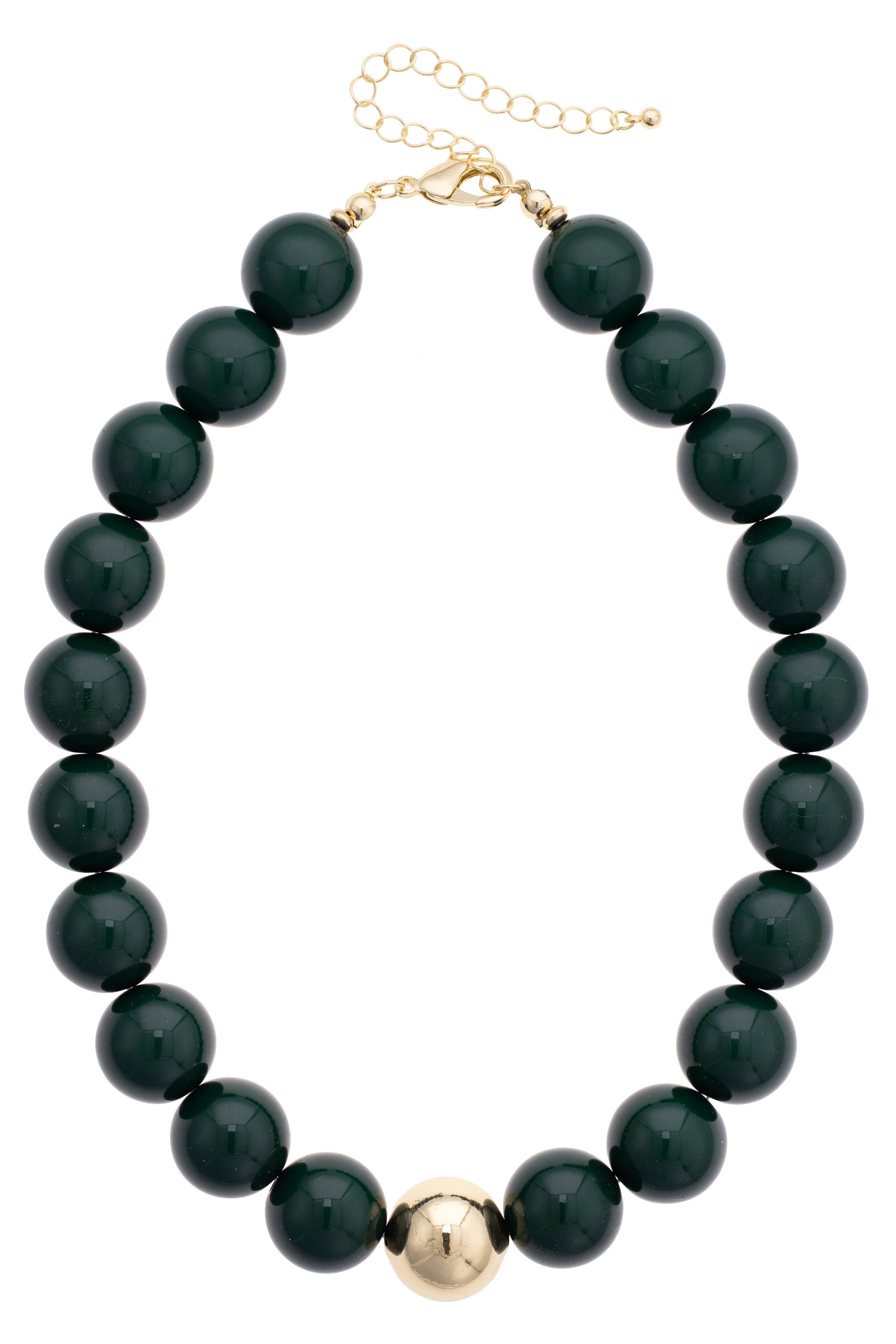 The Marjorie Game Day Beaded Necklace by Canvas Style features oversized, glossy black beads with a bold central gold bead, finished with a gold clasp and adjustable chain—making it the perfect statement necklace for any occasion.