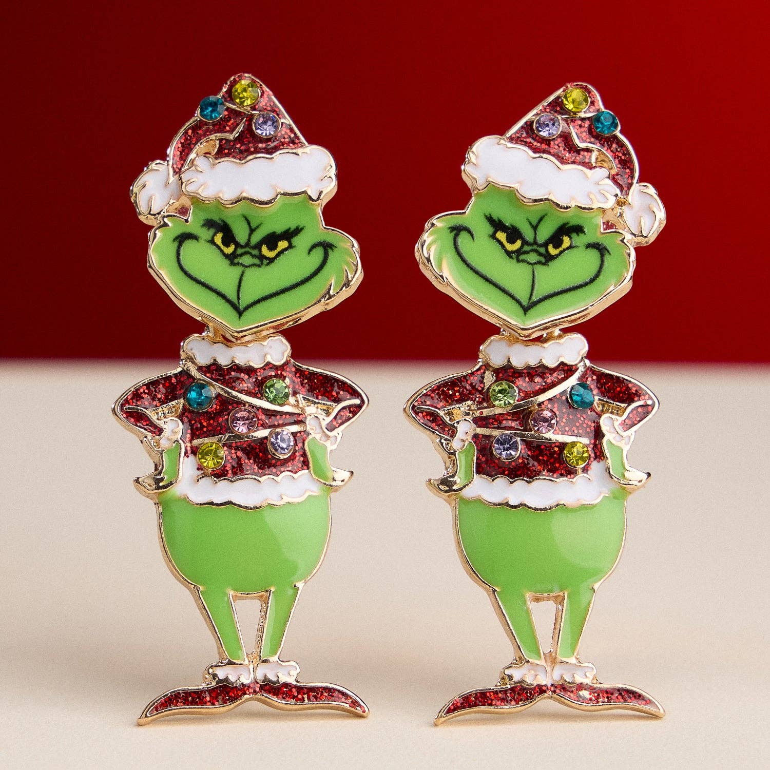 Enamel Green Monster Drop Earrings | Glitter Holiday Character Secondary image
