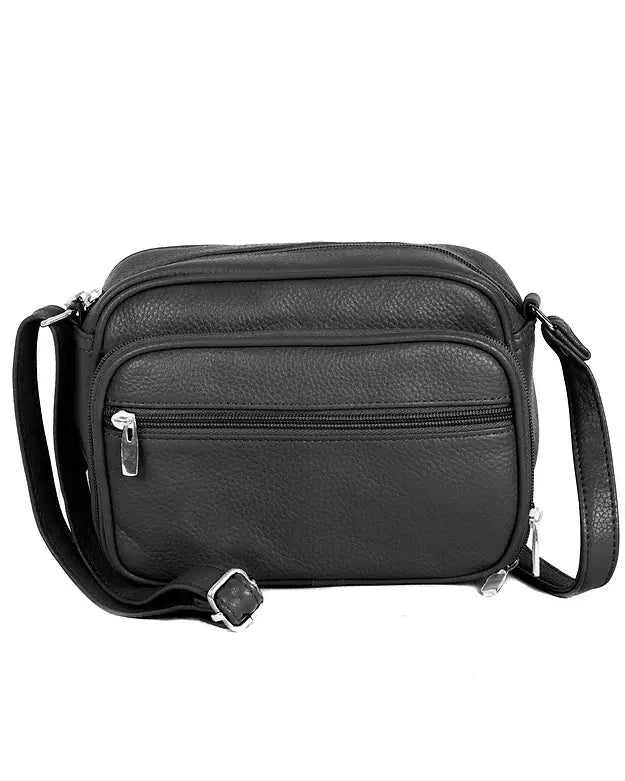 The Roma Leathers, Inc. Cowhide Leather Crossbody Shoulder Bag features black cowhide leather, multiple zippered compartments, a built-in organizer, and an adjustable shoulder strap, displayed on a white background. Main image