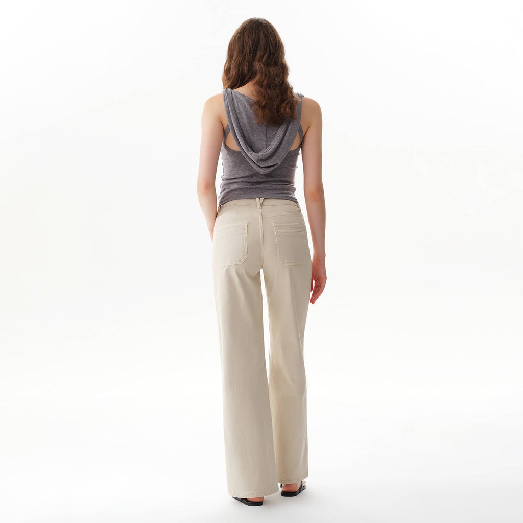 Back view of a person wearing Faire Off White Mid Rise Straight Pants and a grey hooded tank top.