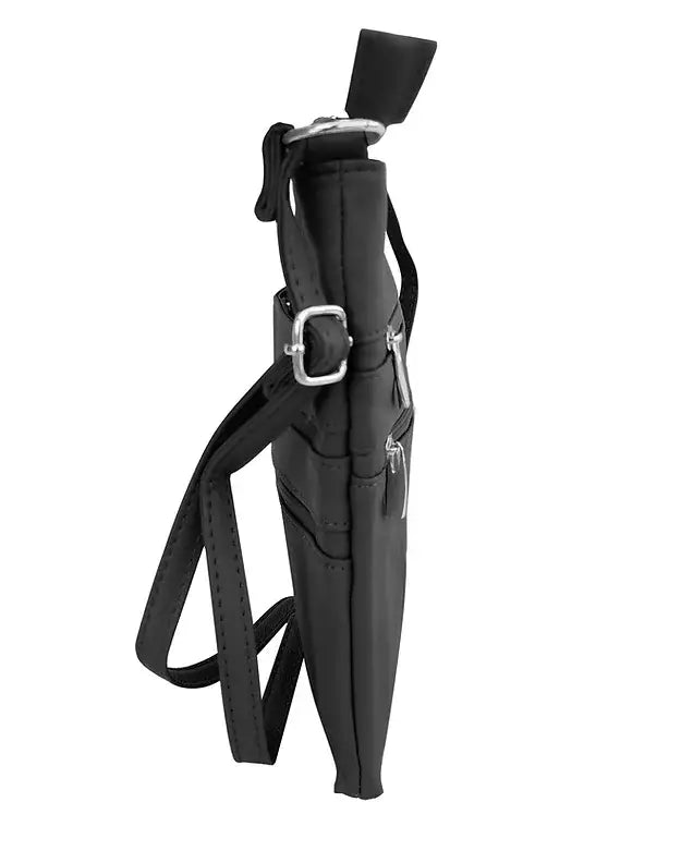 The Roma Leathers, Inc. Large cowhide leather crossbody shoulder bag in black is shown from the side, with zippered pockets, a buckle, and an adjustable strap for versatile wear.