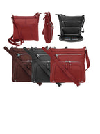 Four Roma Leathers, Inc. 3018 Crossbody shoulder bags in red, black, and brown shown from various angles highlight the spacious main compartment, organizer front, and adjustable shoulder straps for custom comfort.