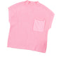 The Patch Pocket Ribbed Knit Short Sleeve Sweater by Shewin is a versatile pink sweater with a high neck and front pocket, ideal for transitional weather.