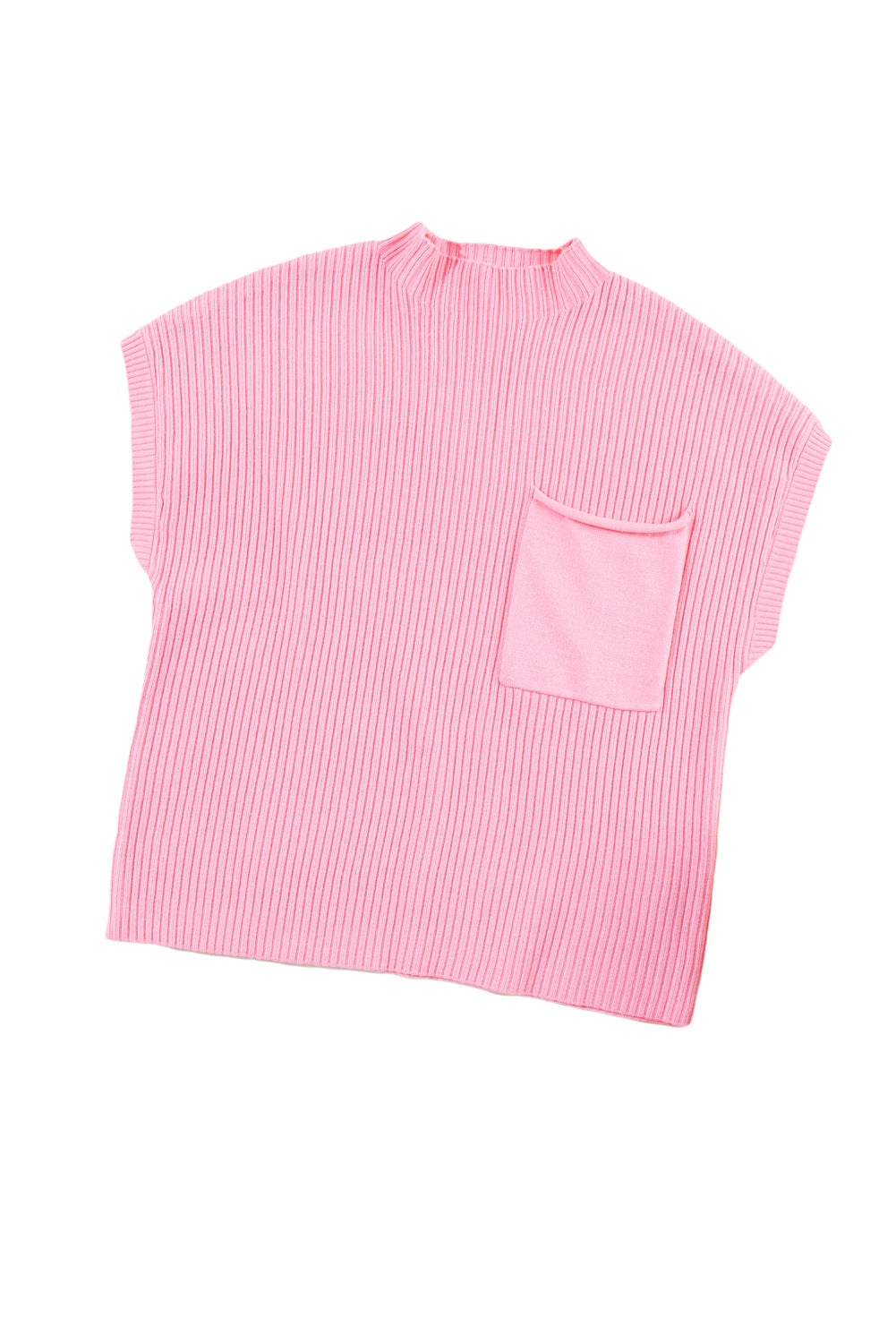 The Patch Pocket Ribbed Knit Short Sleeve Sweater by Shewin is a versatile pink sweater with a high neck and front pocket, ideal for transitional weather.