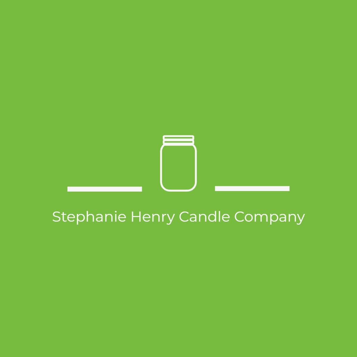 A green background shows a white jar icon above "Stephanie Henry Candle Company" text, highlighting the 20oz, 3 Wick Soy Wax Candle with a wood lid and Beach Retreat scent.