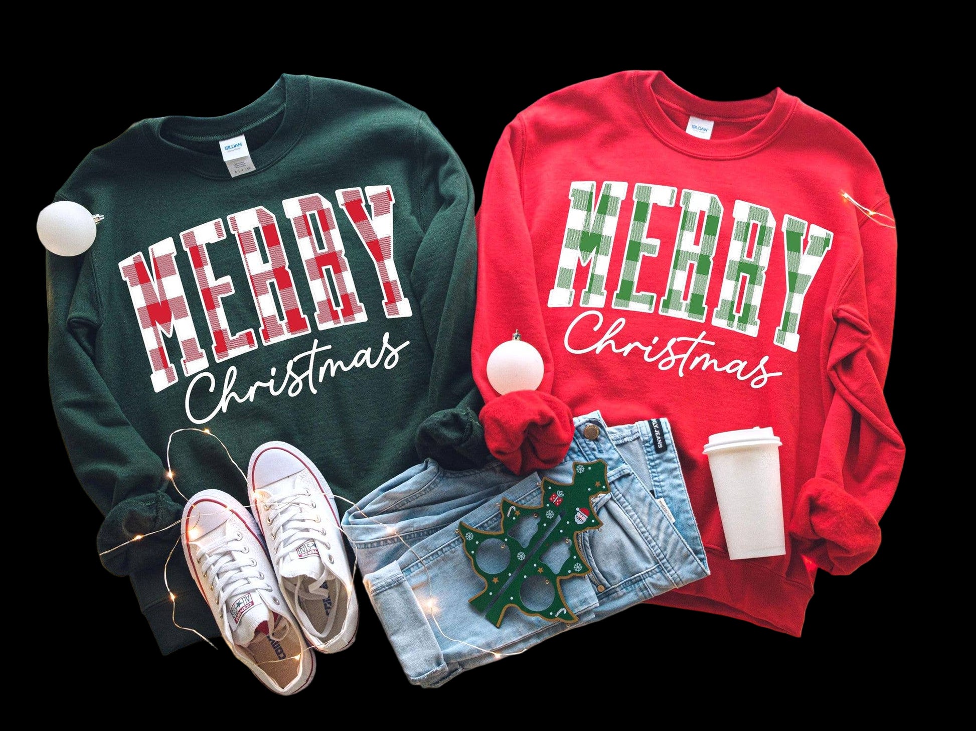 Two Merry Christmas Buffalo Plaid Sweatshirts by TheKingShirt—one green, one red—are styled with jeans, sneakers, and festive props. These unisex cotton shirts are perfect for the holiday season.