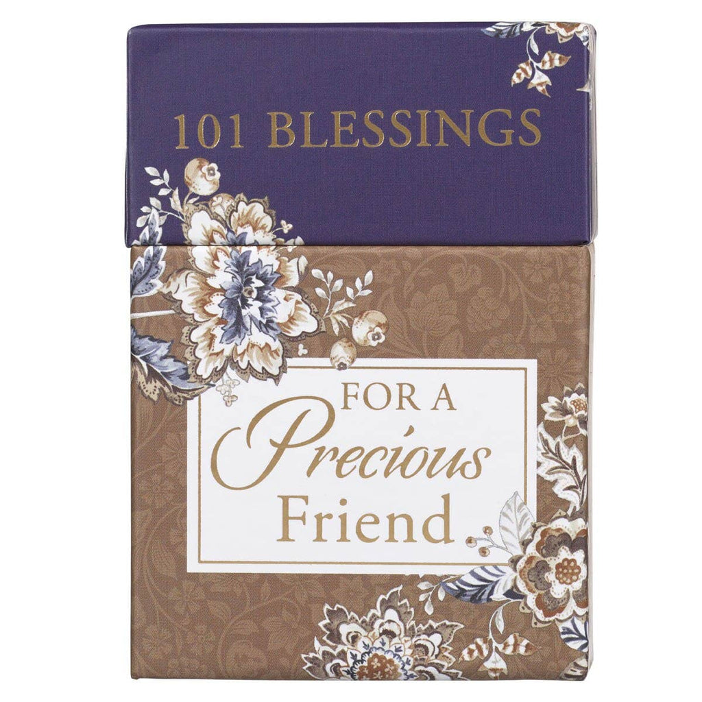 The Christian Art Gifts Box of Blessings For a Precious Friend features beautiful blue, brown, and cream floral designs and makes a thoughtful friendship gift, perfect for sharing uplifting messages and heartfelt encouragement.