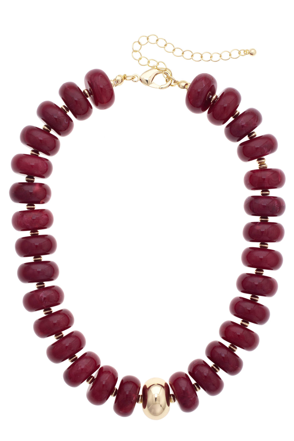 Experience the bold elegance of the San Sebastián Beaded Resin Necklace by Canvas Style—a short statement piece adorned with large, round maroon resin beads and a striking central gold bead, finished with a gold chain and clasp.