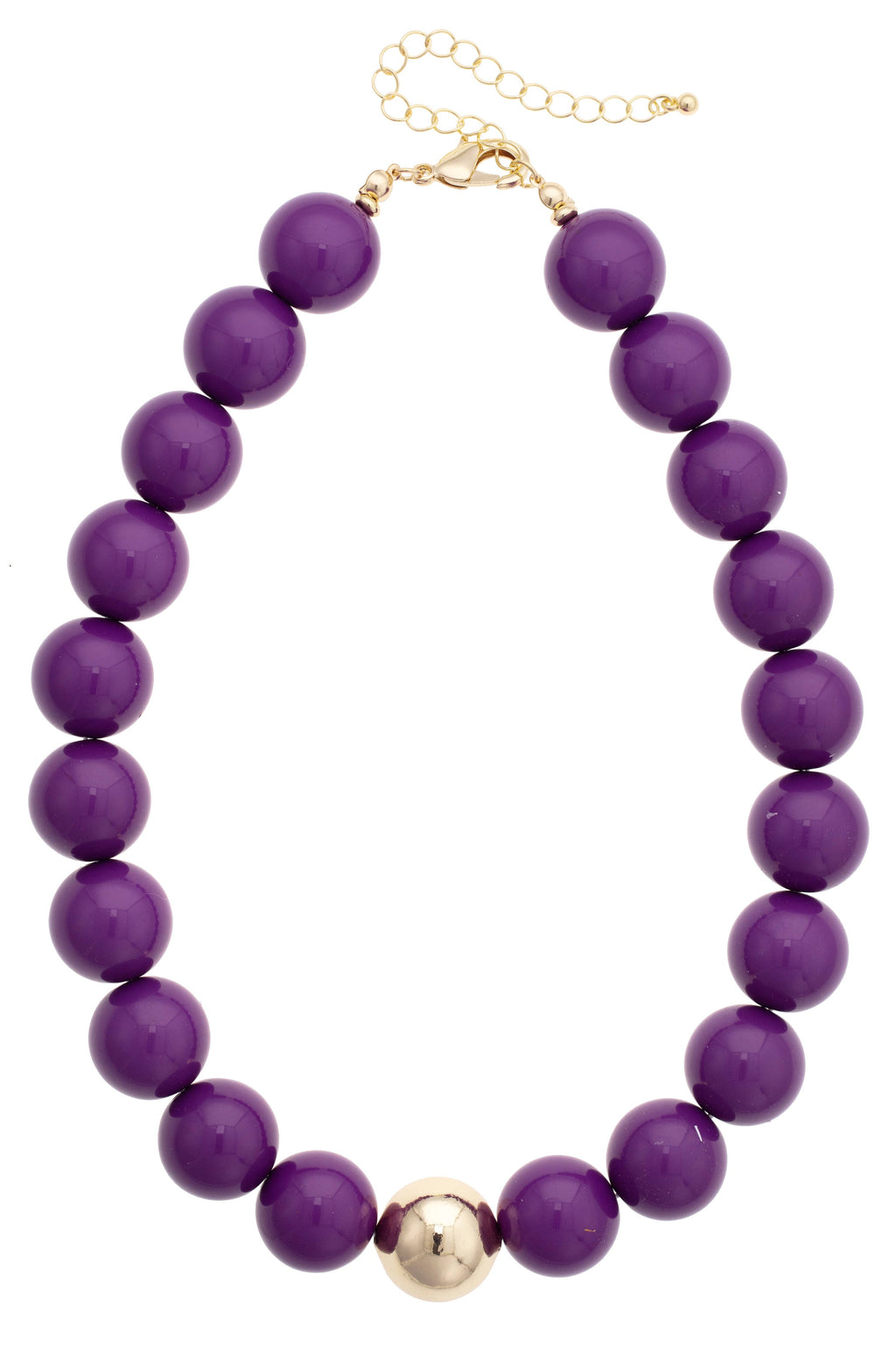 The Marjorie Game Day Beaded Necklace by Canvas Style features an oversized, chunky design with large round purple beads, a central gold accent bead, and is finished with a gold clasp and adjustable chain.