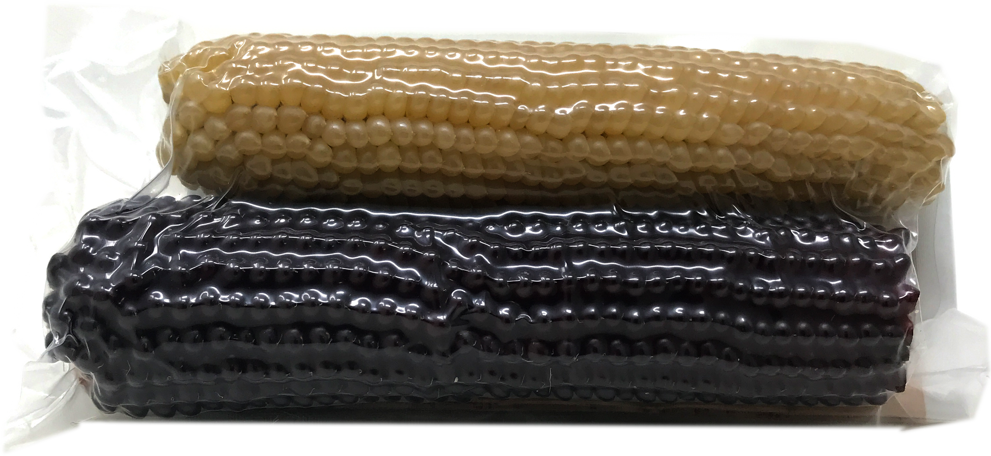 Amish Country Popcorn’s Twin Microwave Popcorn Cobs feature one yellow and one deep purple cob vacuum-sealed side by side in clear plastic packaging, creating a unique twin pack popcorn experience.