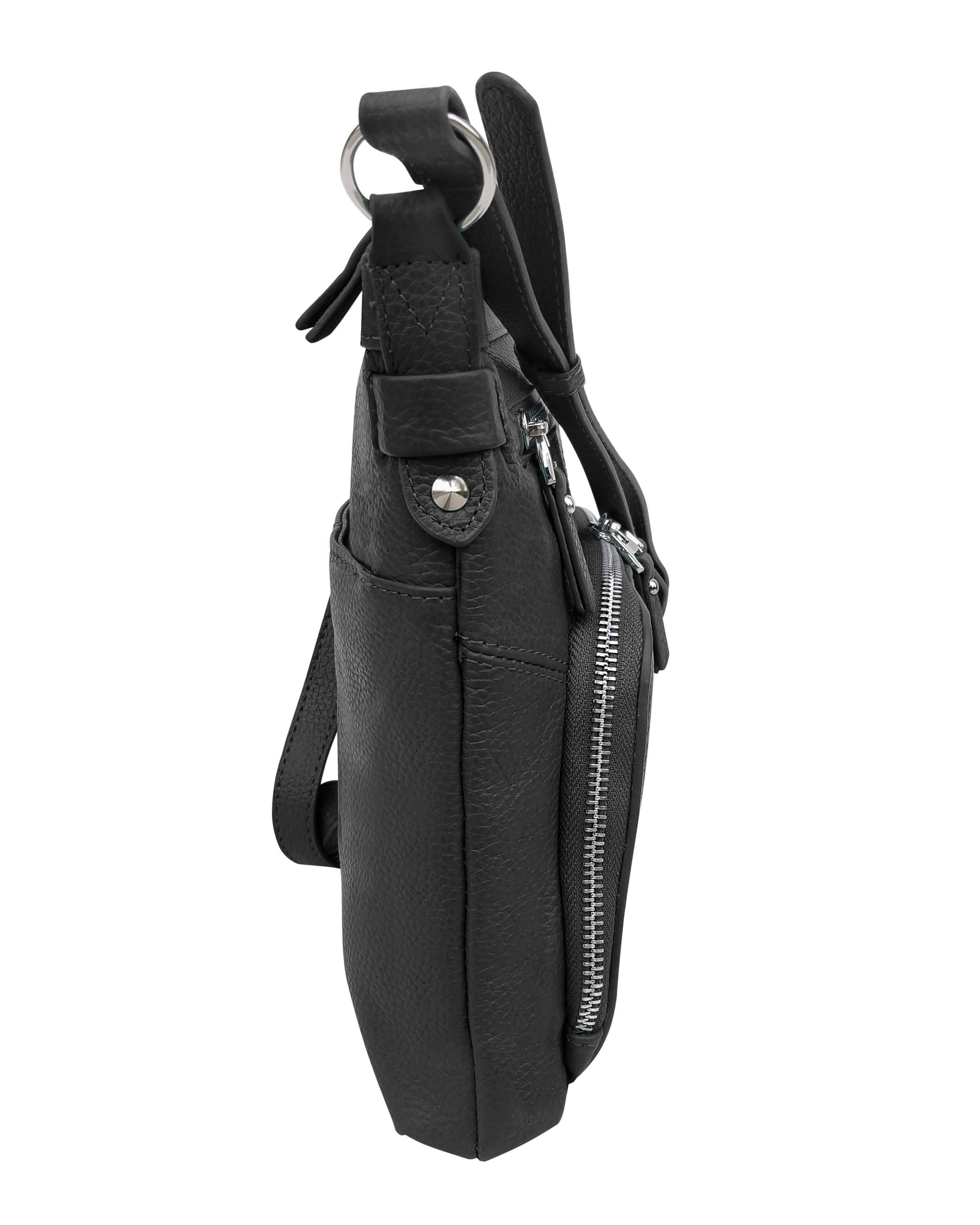 Side view of the Roma Leathers, Inc. 3018 Crossbody shoulder bag with organizer front in black cowhide leather, featuring adjustable shoulder straps, a zippered pocket, silver hardware, and a spacious main compartment against a white background.