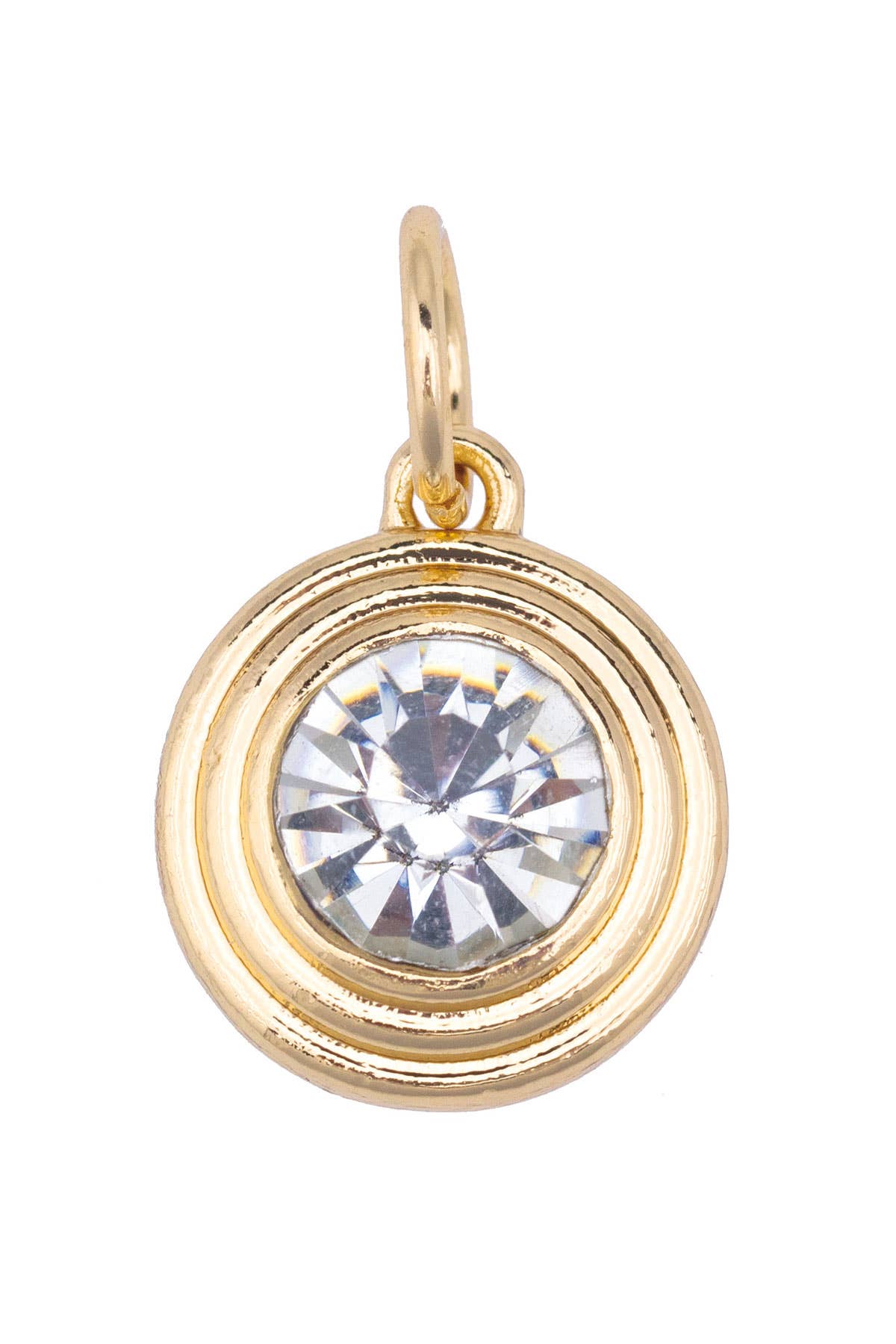 Introducing the Rhinestone Bezel Charm in Clear by Canvas Style: an 18K gold-plated circular pendant showcasing a large, clear, faceted rhinestone bezel at its center and finished with a small top loop for easy attachment to your favorite necklace or bracelet—a timeless addition to our charm collection.