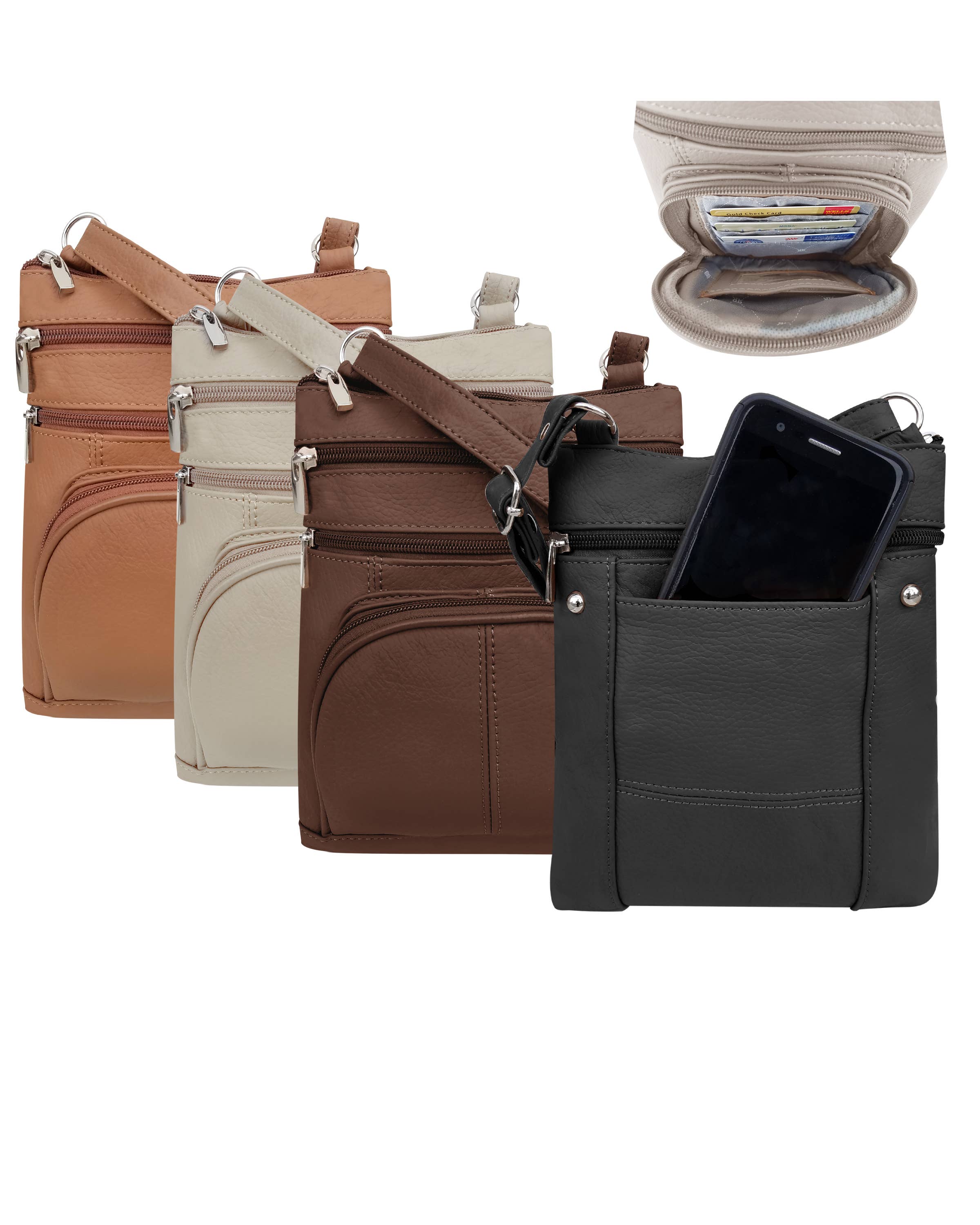 Roma Leathers, Inc. Cowhide Leather Crossbody with phone pocket comes in tan, beige, brown, and black. Each bag has a front zip pocket for your phone, interior card slots, and an adjustable shoulder strap for comfort. Main image