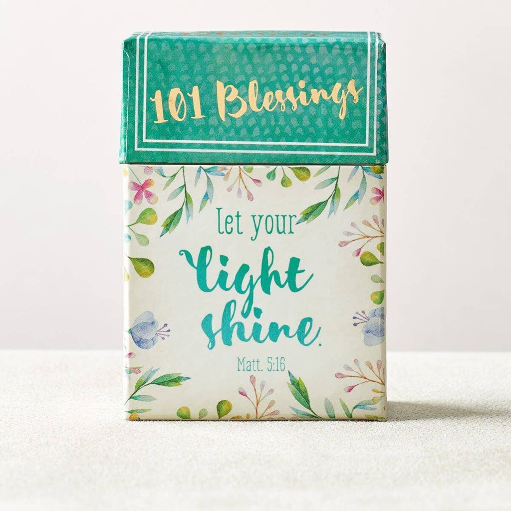 Enjoy daily encouragement with the "Box of Blessings Let Your Light Shine" from Christian Art Gifts—a beautifully decorated box featuring floral designs and the words "Let your light shine. Matt. 5:16" on the front, filled with 101 uplifting Bible messages and inspirational cards to brighten your spirit each day.