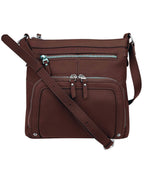 The Roma Leathers, Inc. 3018 Crossbody Shoulder Bag with Organizer Front features brown cowhide leather, multiple zippered pockets, an adjustable strap, and a roomy main compartment to carry your essentials.