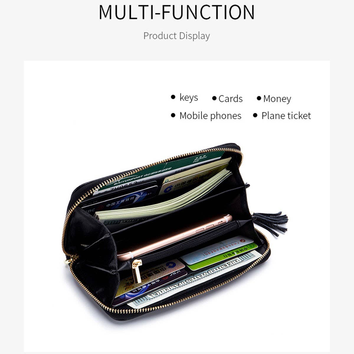 The ACCITY ZIPPER TASSEL ANTI-THEFT BRUSH LEATHER WALLET is open, showcasing cards, cash, and a smartphone inside to highlight its multi-function storage for daily essentials.