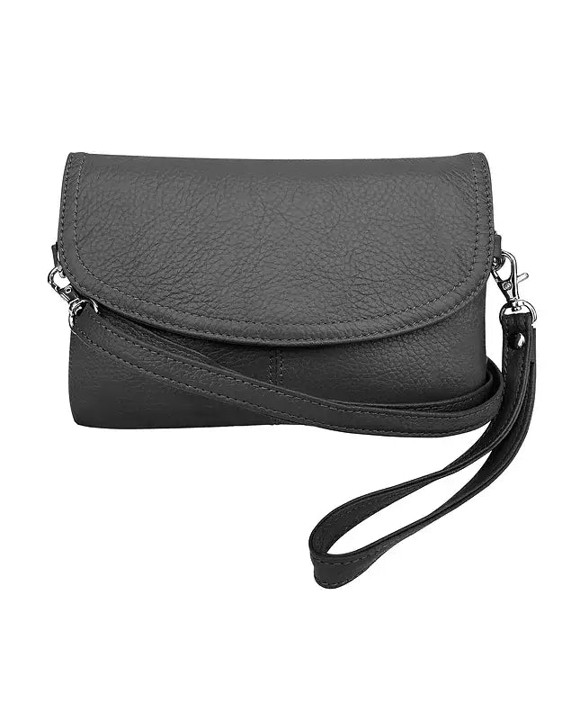 The Roma Leathers, Inc. Cowhide Leather Crossbody Clutch Bag features a black textured surface and detachable strap, shown on a white background.
