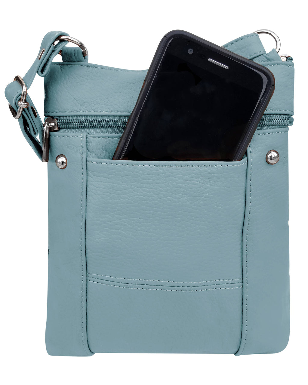 A black smartphone peeks out from the phone pocket on the back of the Roma Leathers, Inc. light blue cowhide leather Crossbody, featuring a zipper, silver hardware, and an adjustable shoulder strap.