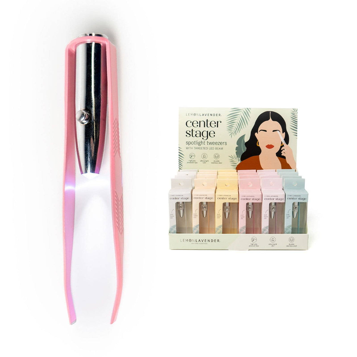 A single pink Lemon Lavender Light Up Tweezer shown next to a display box containing six precision grip tweezers in various pastel colors.