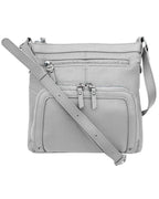 The Roma Leathers, Inc. 3018 Crossbody shoulder bag with organizer front features light gray cowhide leather, a spacious main compartment, long adjustable strap, front zippered pockets, and silver hardware.