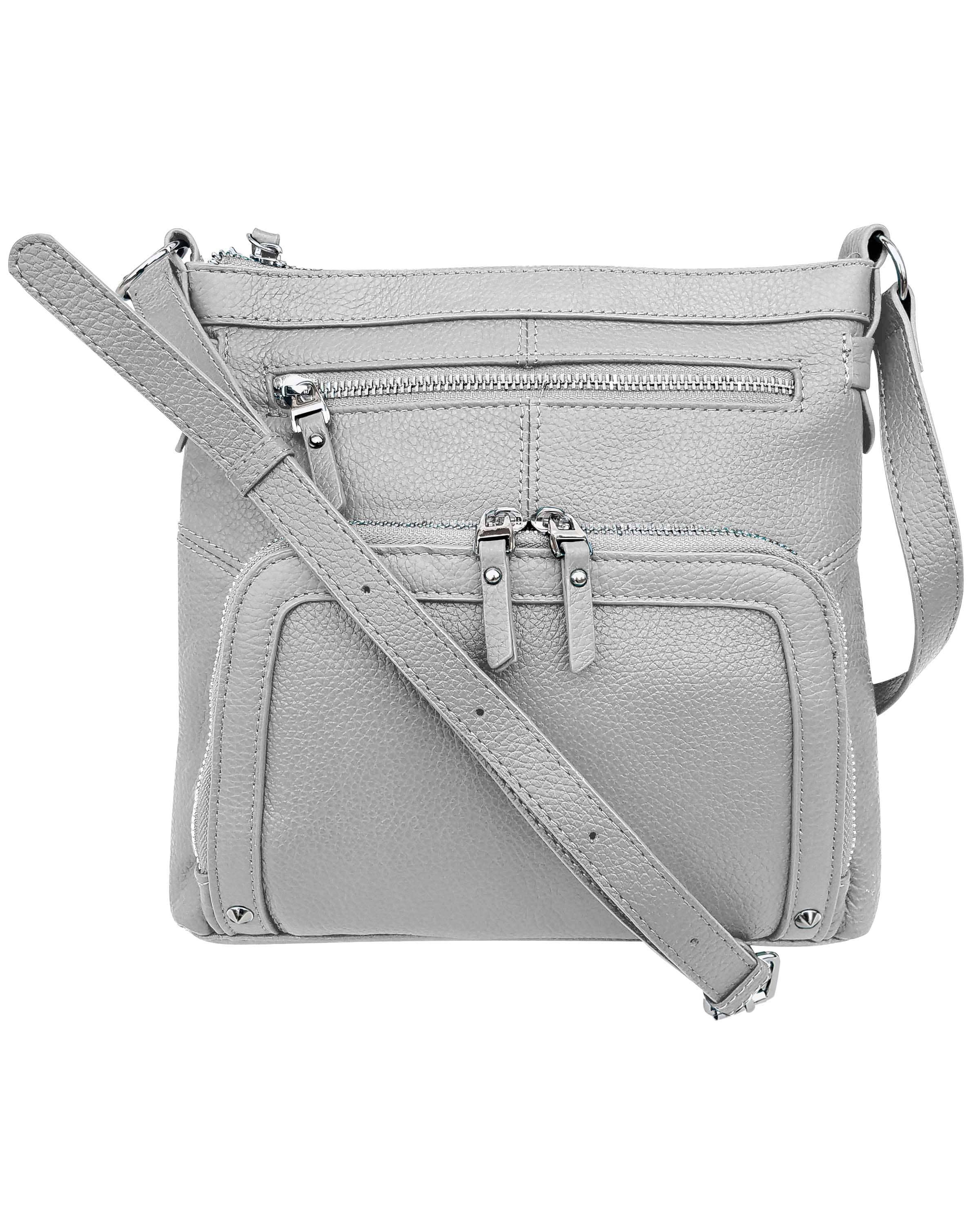 The Roma Leathers, Inc. 3018 Crossbody shoulder bag with organizer front features light gray cowhide leather, a spacious main compartment, long adjustable strap, front zippered pockets, and silver hardware.