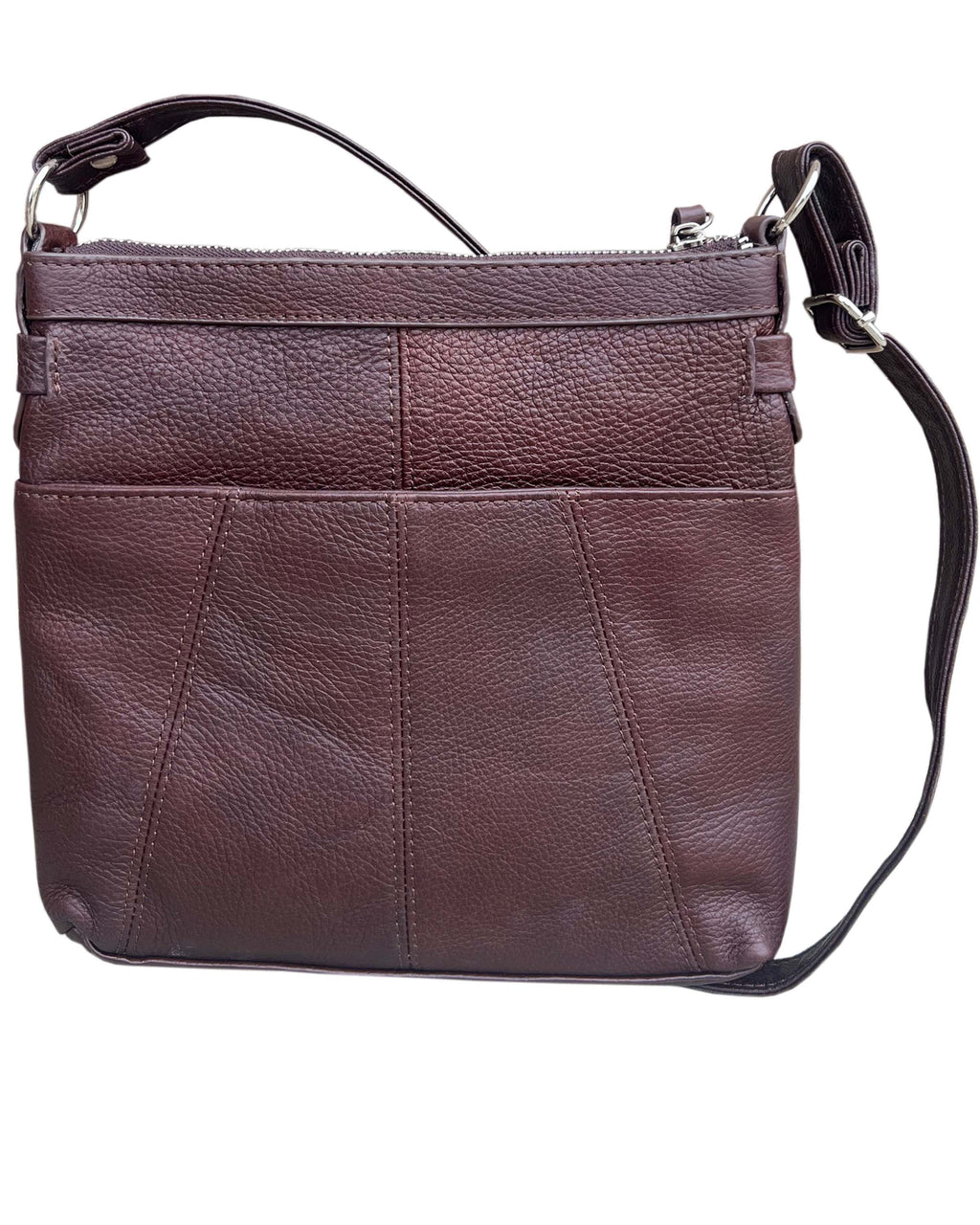 The Roma Leathers, Inc. 3018 Crossbody shoulder bag with organizer front features dark brown cowhide leather, a zippered top, two front seams, a short handle, an adjustable shoulder strap, and a spacious main compartment for essentials.